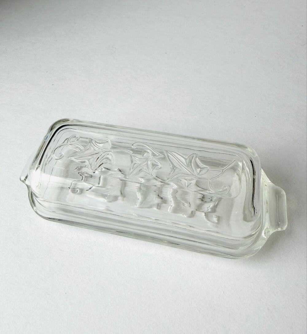 Hazel-Atlas Clear Glass Covered Butter Dish Ivy Pattern 7” Vintage